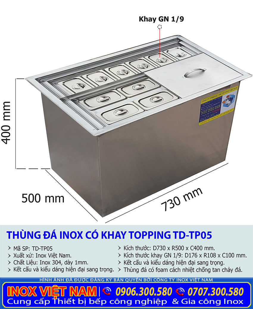Báo giá thùng đá inoxcó khay topping TD-TP05